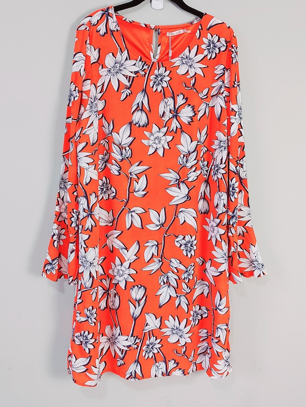 Esqualo Floral Shift Short Dress Size 12 Orange Office Career Long Sleeve Midi